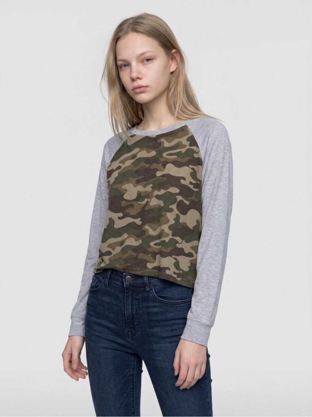 Zoe + Liv Camo Raglan Long Sleeve Top Gray Women’s XXL